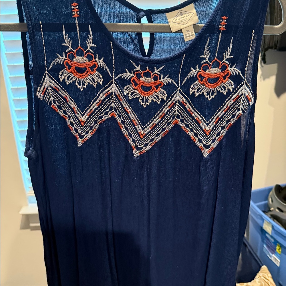 St. John's Bay Navy Sleeveless Top with Red and White Embroidery